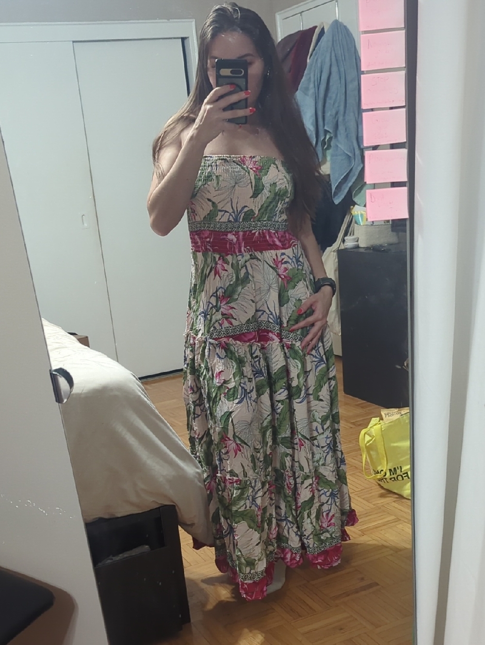 Jaase Strapless Tropical Maxi Dress in Cream, Green and Pink